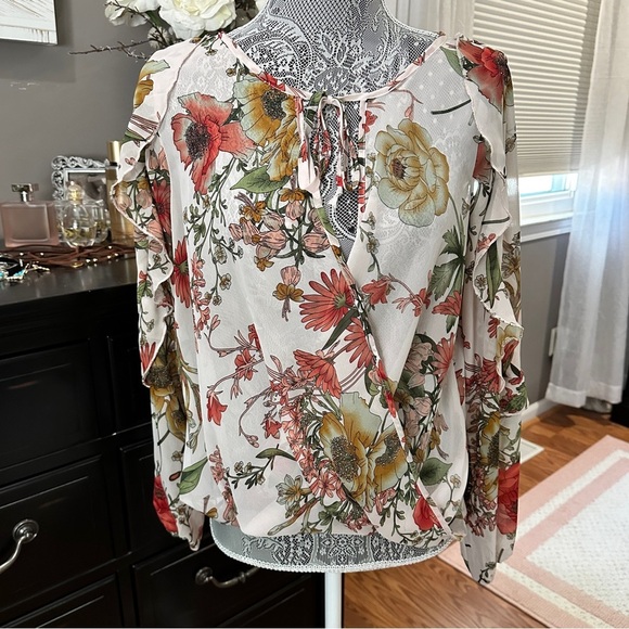 Charlotte Russe Floral Ruffle Sleeve Sheer Peasant Blouse | Size M - Picture 2 of 13